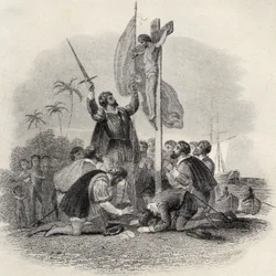 Columbus (1451-1506) pousando no Novo Mundo, ilustração em &39;A Missão das Índias&39;, publicado em 1920
